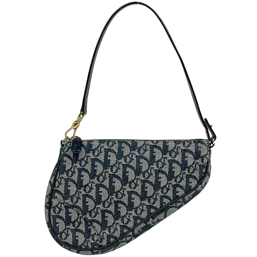 Christian Dior Trotter Saddle Bag Shoulder Canvas Navy Blue